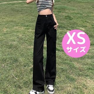 人気！カジュアル　カーゴパンツ　XS 黒　無地　ハイウェスト　韓国(ワークパンツ/カーゴパンツ)