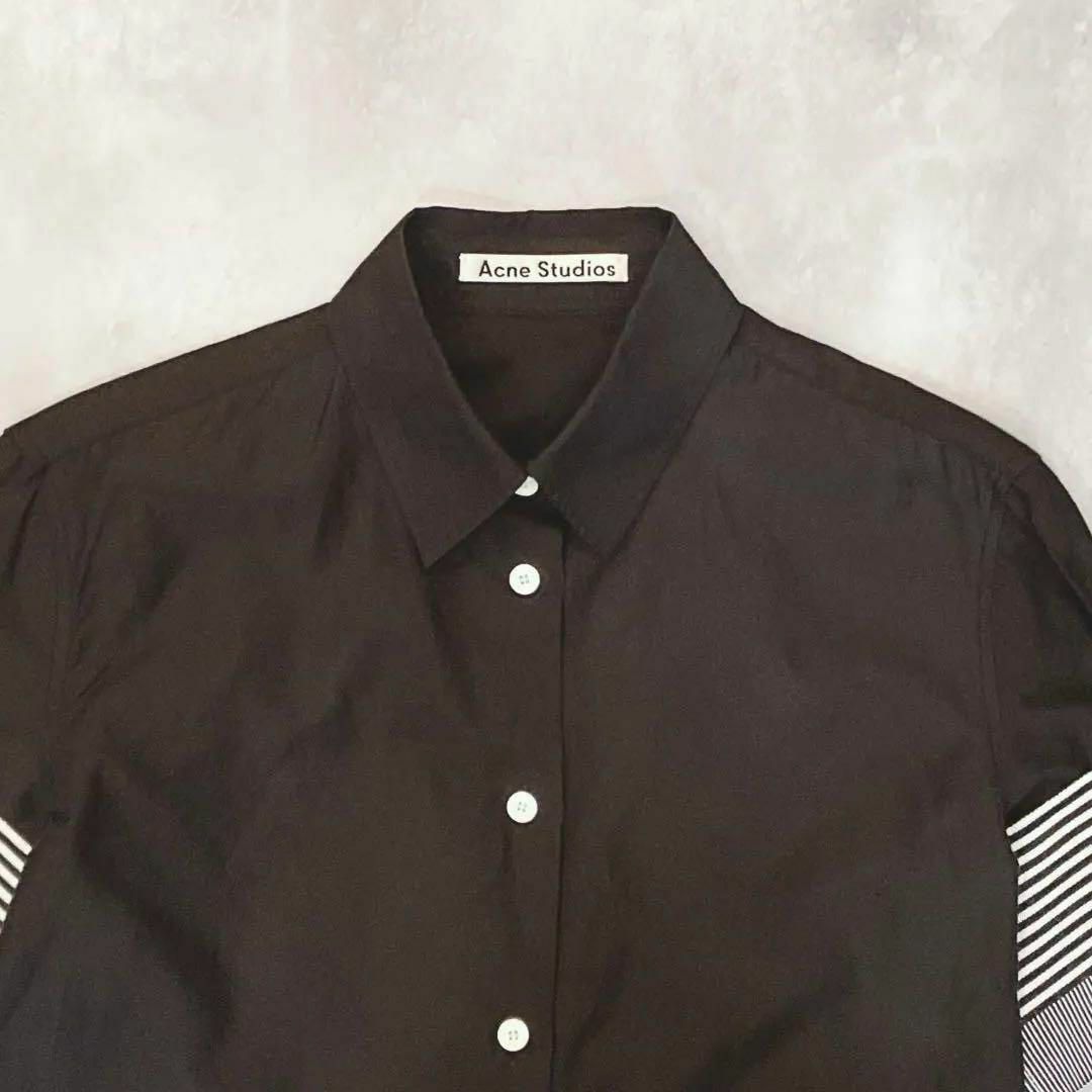 Acne Studios(アクネストゥディオズ)のAcne　studiosシャツ　袖ボーダー異素材MIX　綺麗目size34　XS レディースのトップス(シャツ/ブラウス(半袖/袖なし))の商品写真
