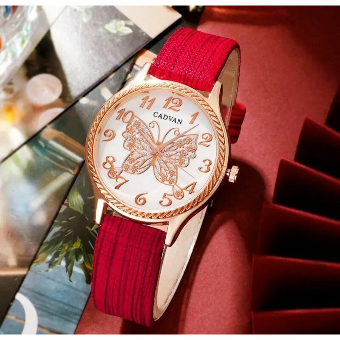 女性用レッドバタフライクォーツ腕時計 ラディー ズカジュアルアナログ時計 レディースのファッション小物(腕時計)の商品写真