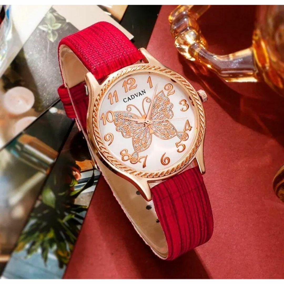 女性用レッドバタフライクォーツ腕時計 ラディー ズカジュアルアナログ時計 レディースのファッション小物(腕時計)の商品写真