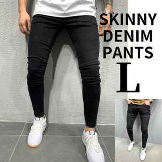 スキニーデニム デニムパンツ スキニージーンズ ストレッチ メンズ ブラック L(デニム/ジーンズ)