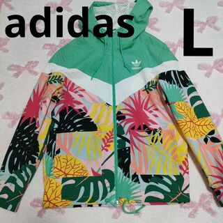 アディダス(adidas)の【adidas】L ボタニカル柄 ナイロンジャケット ジャンパー 緑　メッシュ(ナイロンジャケット)