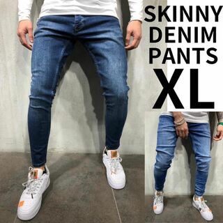 スキニーデニム デニムパンツ スキニージーンズ ストレッチ メンズ ネイビーXL(デニム/ジーンズ)