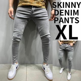 スキニーデニム デニムパンツ スキニージーンズ ストレッチ メンズ グレー XL(デニム/ジーンズ)