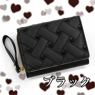 ✿新商品✿ブラック ハート柄三つ折り財布 小銭入れ ミニ財布 レディース キッズ(財布)