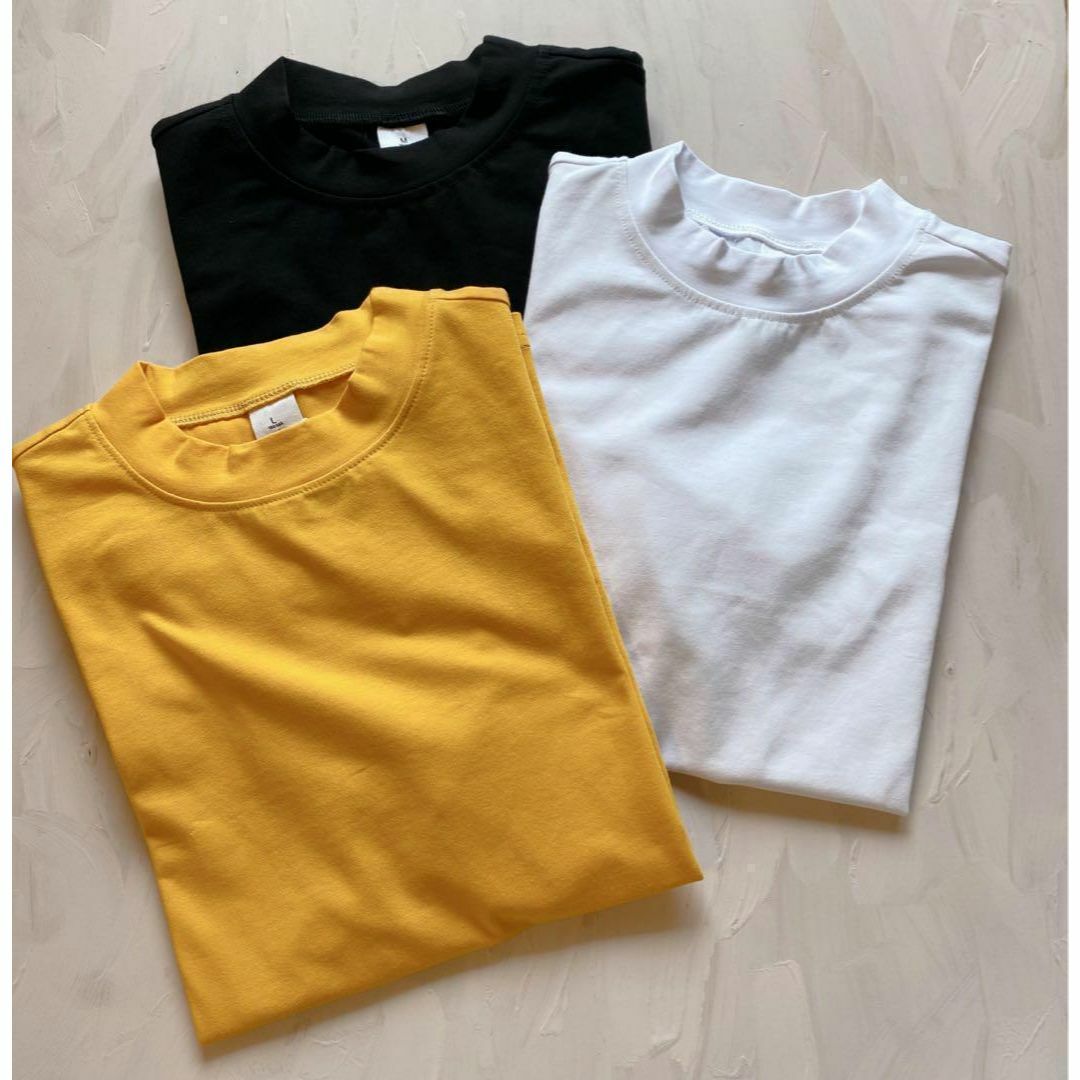 Tシャツ ハイネック イエロー L 半袖 シンプル 着回し 着痩せ 大人気　韓国 レディースのトップス(Tシャツ(半袖/袖なし))の商品写真