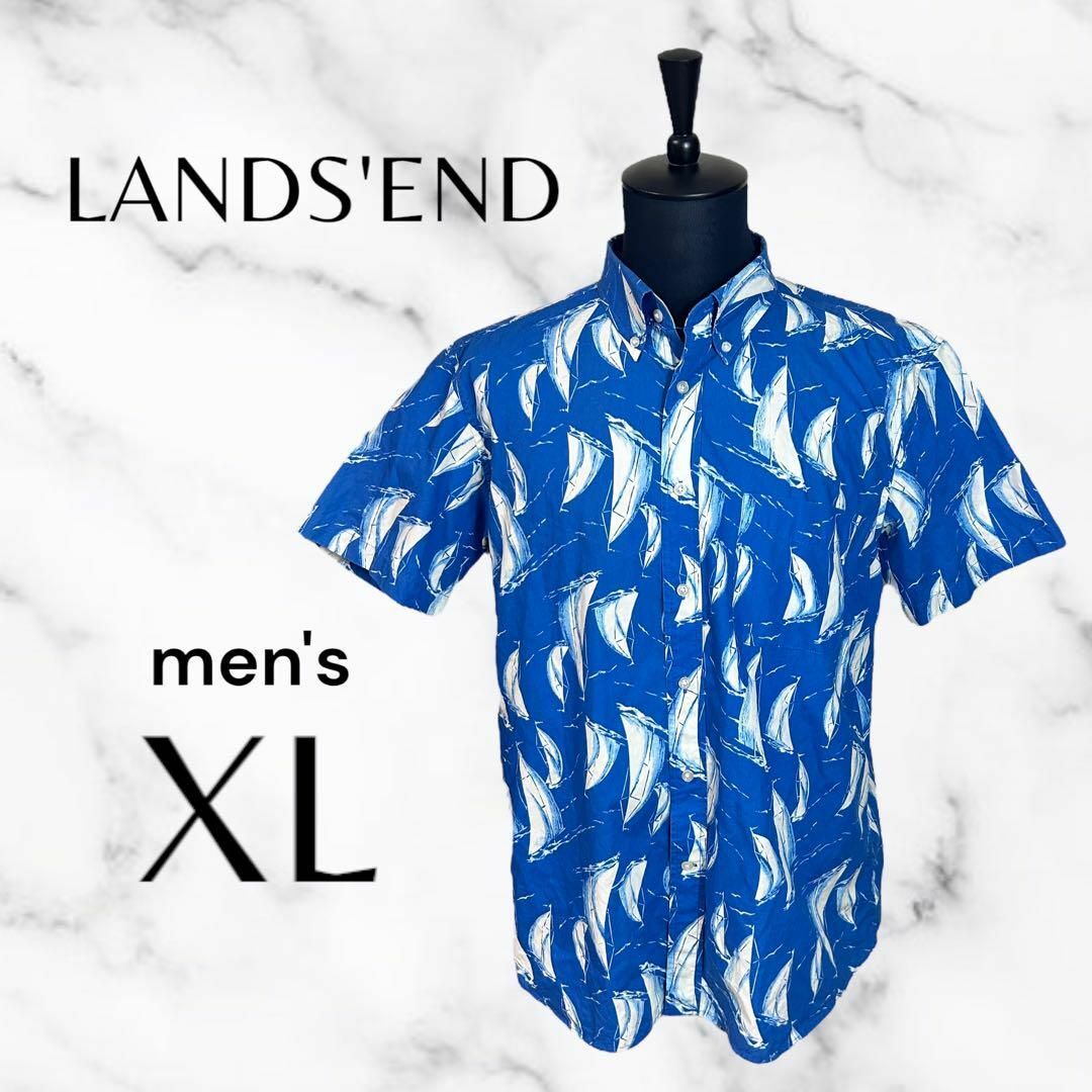 LANDS’END(ランズエンド)の【LANDS'END】総柄ボタンダウンシャツ　綿　アロハ　旅行　ブルー　XL メンズのトップス(シャツ)の商品写真