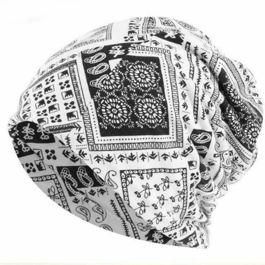 ケア帽子 バンダナ帽 ペイズリー柄 ターバン ヘアバンダナ キャップ 白×黒 メンズの帽子(その他)の商品写真