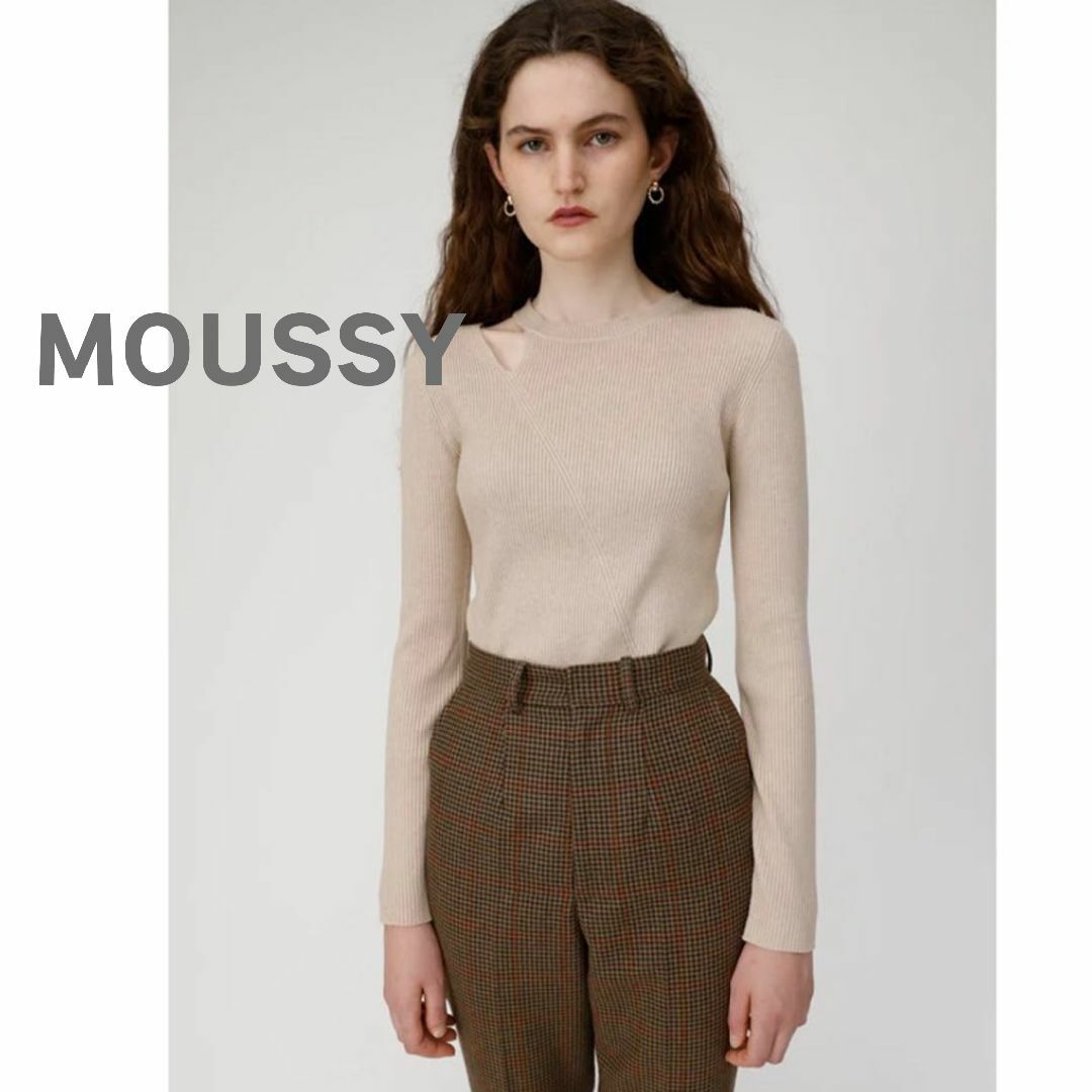 moussy(マウジー)のMOUSSY　ニットトップス　リブ　アシメ　長袖　ベージュ レディースのトップス(ニット/セーター)の商品写真