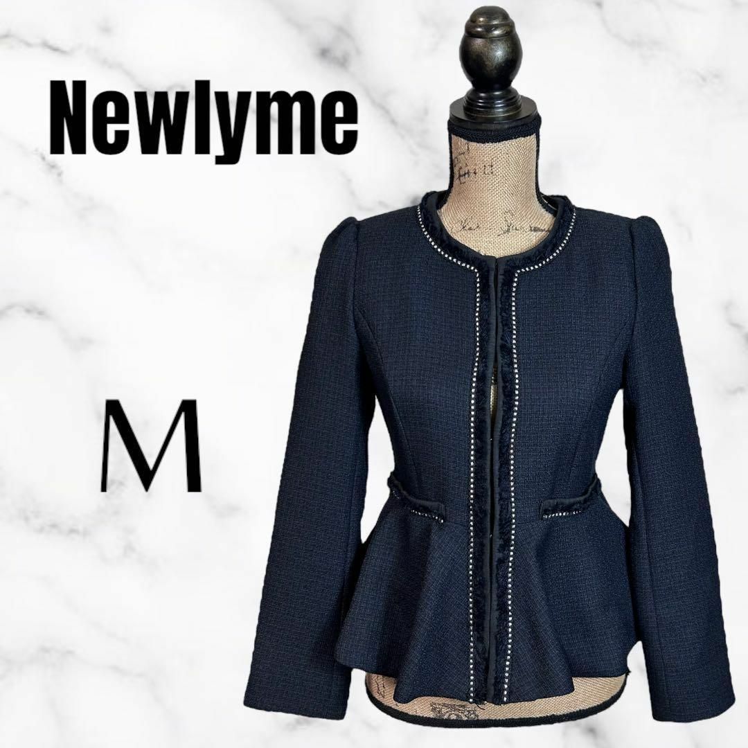 Newlyme(ニューリーミー)の【Newlyme】ツイードノーカーラジャケット　フレア　上品　裏地　ブラック　M レディースのジャケット/アウター(ノーカラージャケット)の商品写真