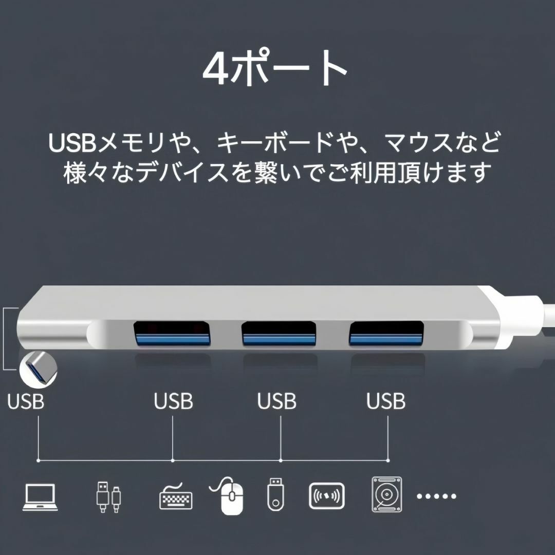 USBハブ 4ポート USB ハブ USB HUB 高速 USB3.0 ケーブル スマホ/家電/カメラのPC/タブレット(PC周辺機器)の商品写真