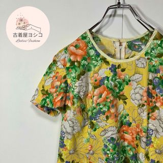 【ヴィンテージ　花柄デザイン　レトロ　パネル　半袖　ひざ丈ワンピース　古着】(ひざ丈ワンピース)