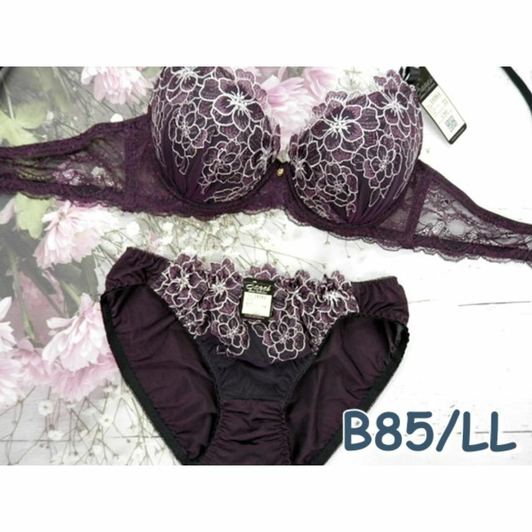 421★B85 LL★ブラショーツセット 桔梗いっぱい刺繍 紫 レディースの下着/アンダーウェア(ブラ&ショーツセット)の商品写真