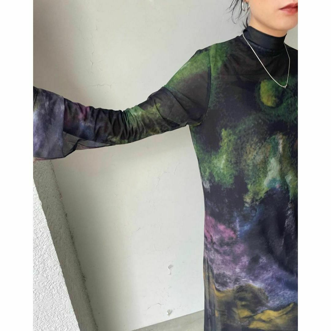 Ameri VINTAGE(アメリヴィンテージ)のAMERI NUANCE ART LAYERED SHEER DRESS223 レディースのワンピース(ロングワンピース/マキシワンピース)の商品写真