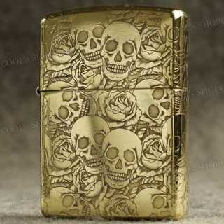 髑髏 薔薇 四面総彫り オイルライター ZORRO ゴールド zippo 金(タバコグッズ)