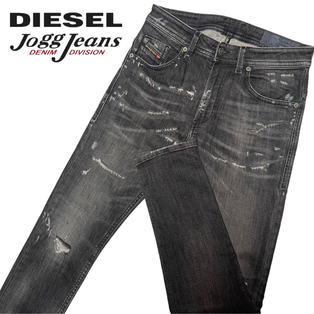 DIESEL(ディーゼル)のDIESEL ジョグジーンズ THOMMER-T ダメージ加工 ブラック デニム メンズのパンツ(デニム/ジーンズ)の商品写真