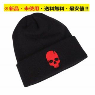 即購入歓迎♪新品♪お洒落♪ブラックニット帽ドクロ（レッド）♬(ニット帽/ビーニー)