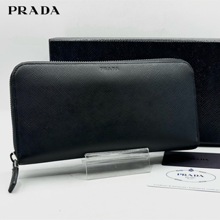 プラダ(PRADA)の美品 PRADA 長財布 サフィアーノレザー ロゴ型押し ラウンドジップ 濃紺(長財布)