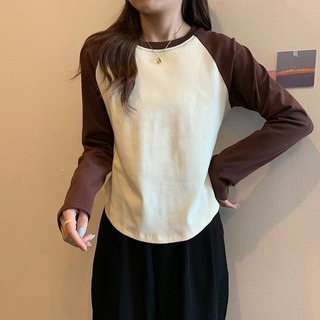 【大人気】レディース  ラグランTシャツ  XL ブラウン アイボリー 冬 春 (Tシャツ(長袖/七分))