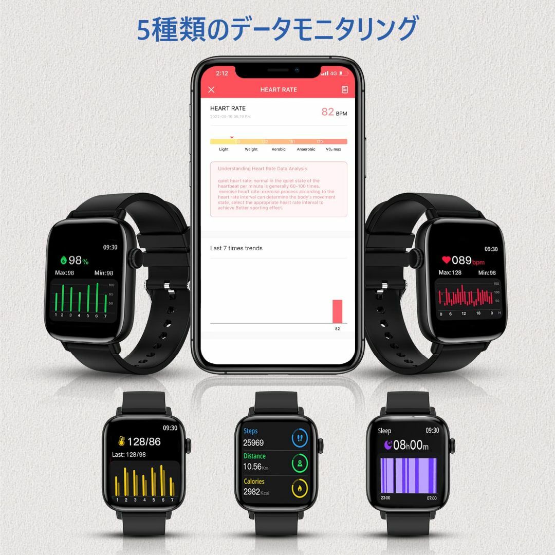 スマートウォッチ 【1.90インチ大画面 通話機能付き】活動量計 28種類運動モ スマホ/家電/カメラの美容/健康(その他)の商品写真