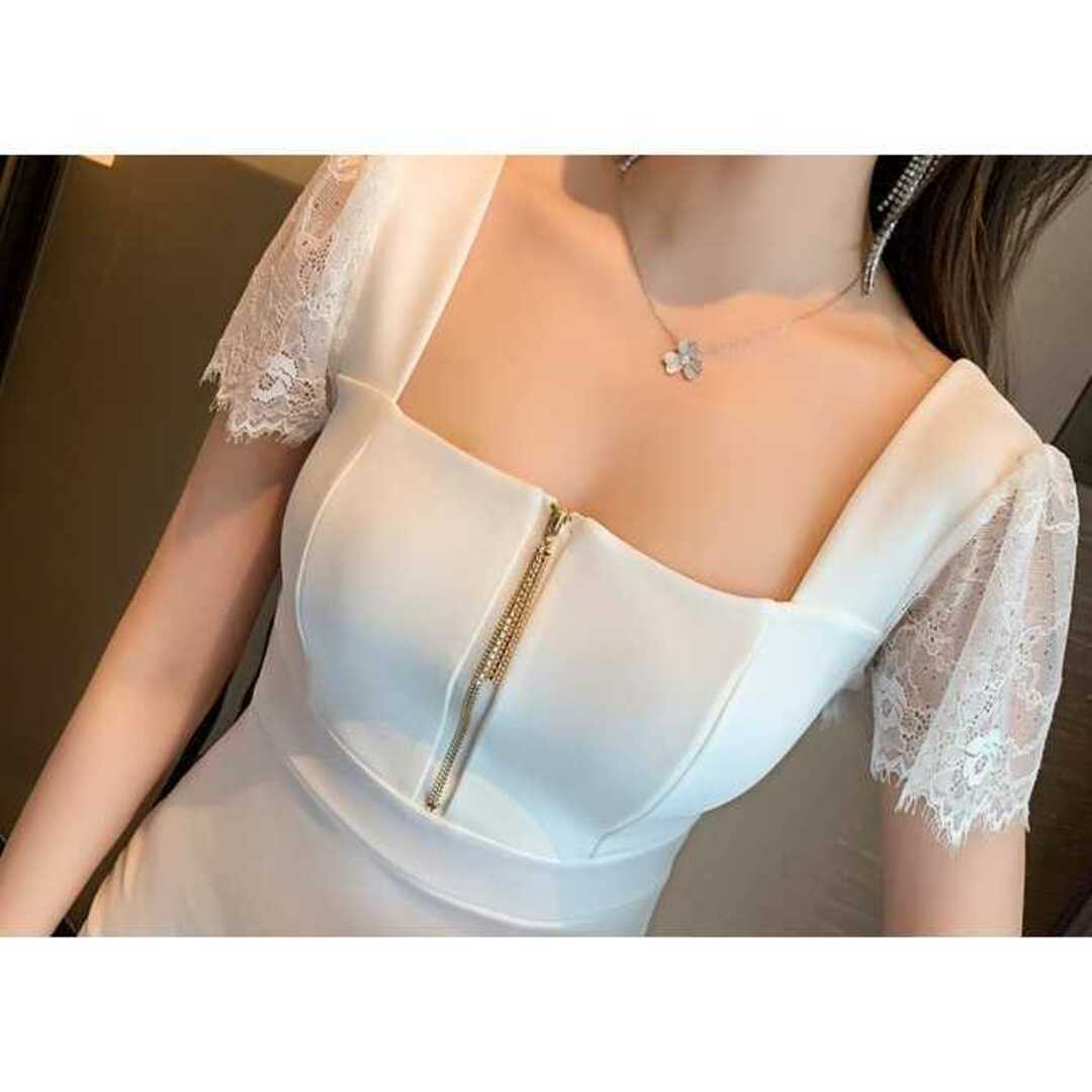 Mサイズ ミニ丈 ワンピース 胸元ジッパー スナック ドレス ホワイト P576 レディースのワンピース(ミニワンピース)の商品写真