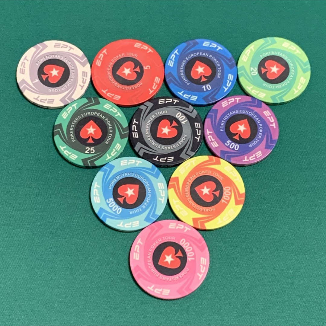 EPT セラミックポーカーチップ カジノチップ 100枚 エンタメ/ホビーのテーブルゲーム/ホビー(トランプ/UNO)の商品写真