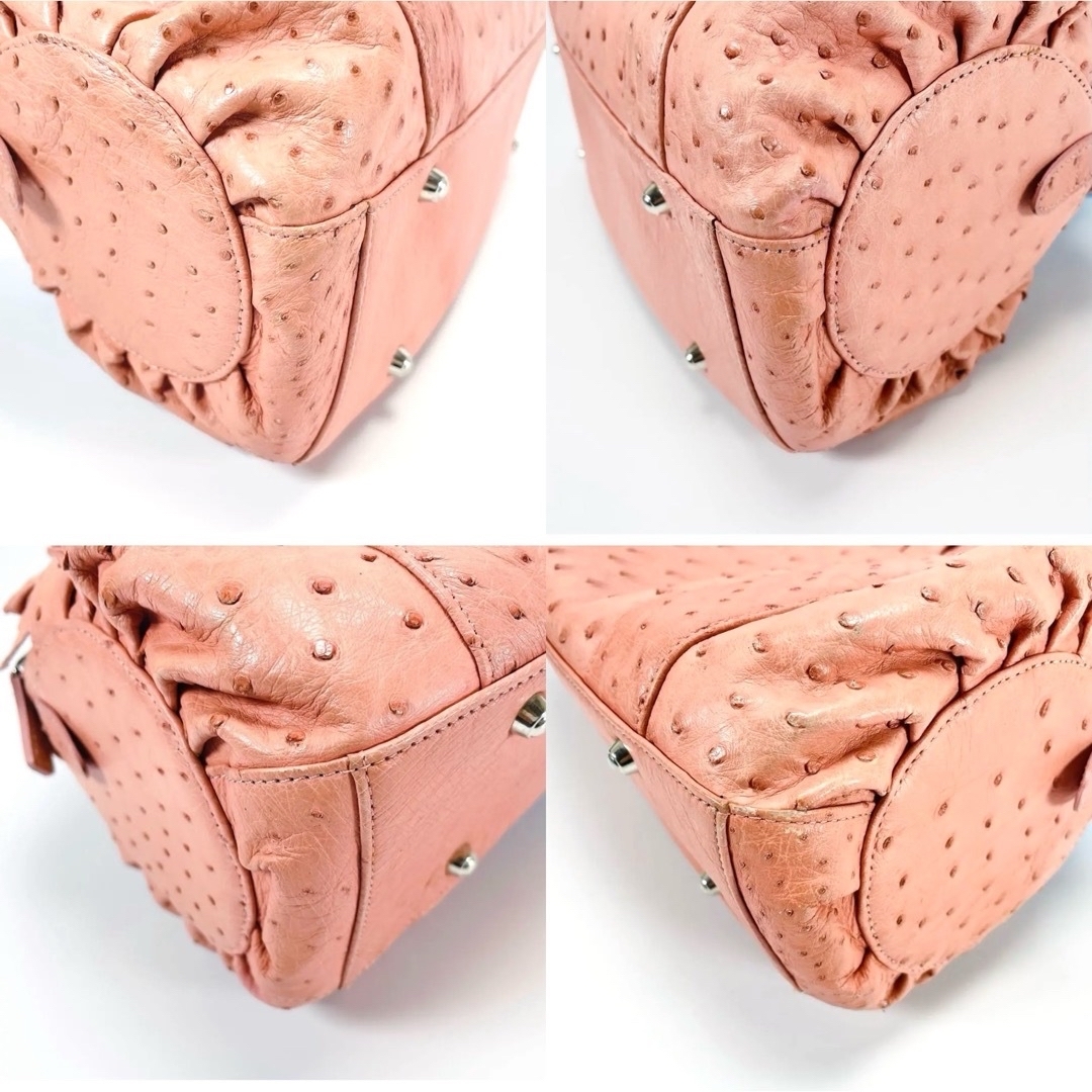 オーストリッチ ハンドバッグ トートバッグ 肩がけ ピンク フリル 円柱 筒型 レディースのバッグ(トートバッグ)の商品写真