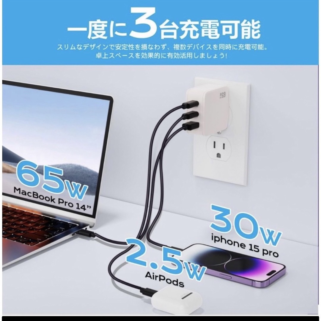 PD USB充電器 65W GaN Type C 急速充電器 高速充電器 PD スマホ/家電/カメラのPC/タブレット(PC周辺機器)の商品写真