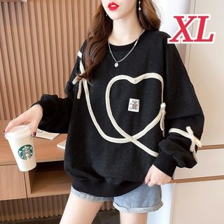 【XL】オーバーサイズ  Ｔシャツ　ハート トレーナー 長袖 韓国 ブラック 黒(トレーナー/スウェット)