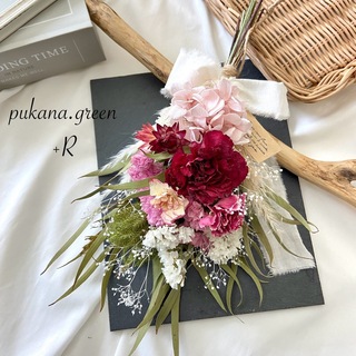 ピンク紫陽花とカーネーション　ドライフラワースワッグ　花束　プレゼント30cm(ドライフラワー)