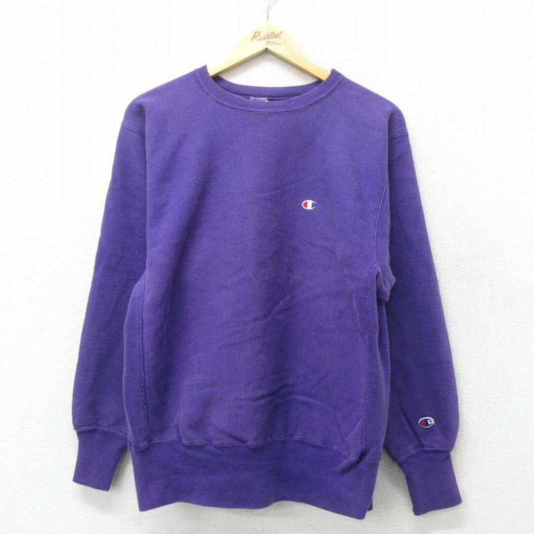 Champion(チャンピオン)のL★古着 長袖 チャンピオン Champion リバースウィーブ メンズ 90年代 90s ワンポイントロゴ クルーネック USA製 紫 パープル 【spe】 24may14 中古 スウェット スエット トレーナー トップス メンズのトップス(パーカー)の商品写真