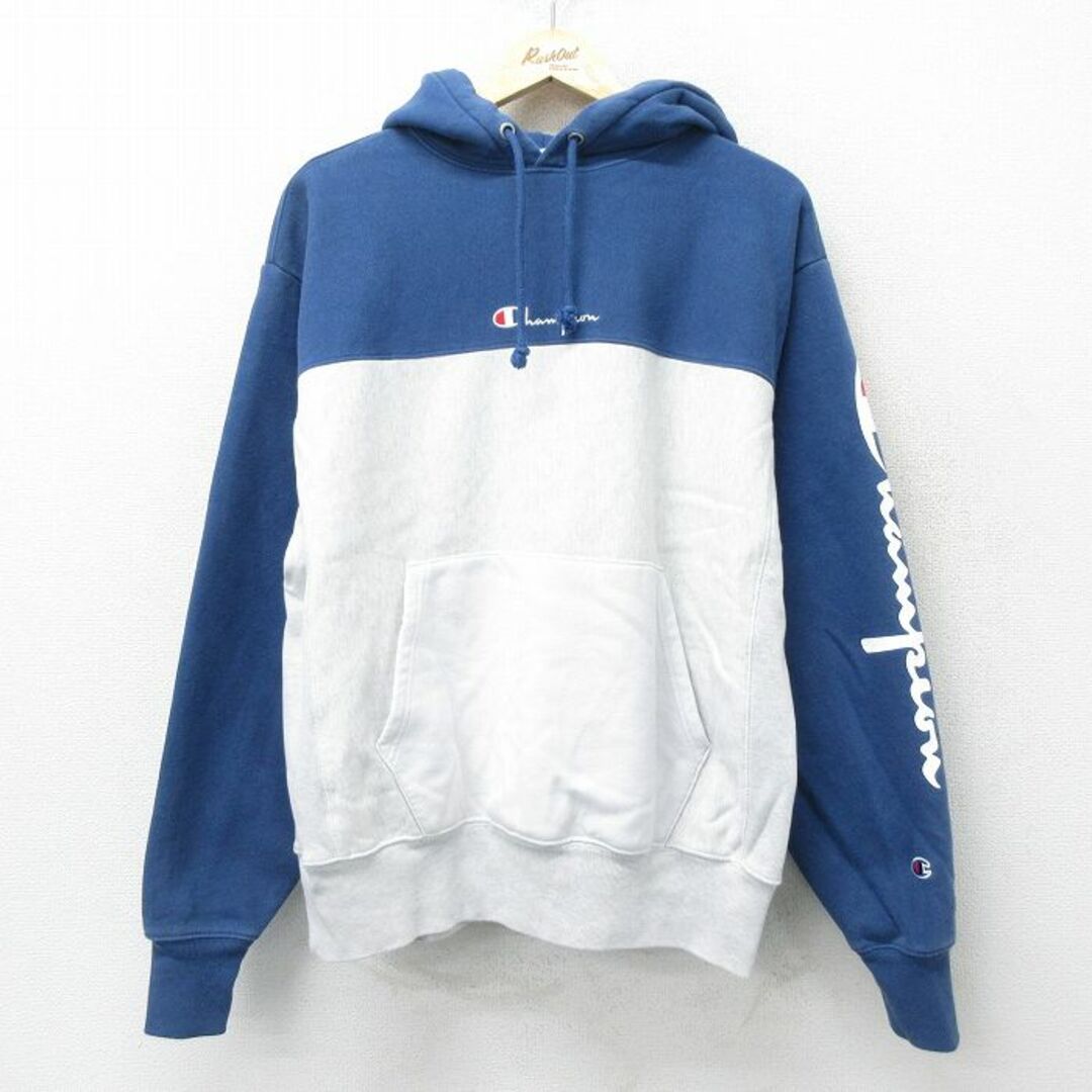 Champion(チャンピオン)のXL★古着 長袖 チャンピオン Champion リバースウィーブ パーカー メンズ ワンポイントロゴ ツートンカラー 紺他 ネイビー 24may14 中古 スウェット スエット トレーナー トップス メンズのトップス(パーカー)の商品写真