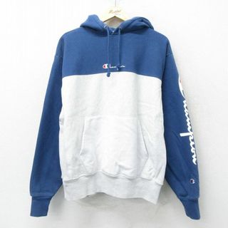 チャンピオン(Champion)のXL★古着 長袖 チャンピオン Champion リバースウィーブ パーカー メンズ ワンポイントロゴ ツートンカラー 紺他 ネイビー 24may14 中古 スウェット スエット トレーナー トップス(パーカー)