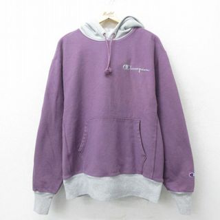 チャンピオン(Champion)のXL★古着 長袖 チャンピオン Champion リバースウィーブ パーカー メンズ ワンポイントロゴ ツートンカラー 紫他 パープル 24may14 中古 スウェット スエット トレーナー トップス(パーカー)