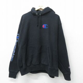 チャンピオン(Champion)のXL★古着 長袖 チャンピオン Champion リバースウィーブ パーカー メンズ ビッグロゴ 大きいサイズ 黒 ブラック 24may14 中古 スウェット スエット トレーナー トップス(パーカー)