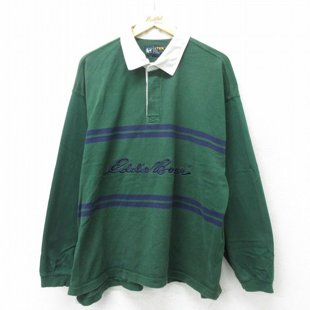 Eddie Bauer(エディーバウアー)のXL★古着 エディーバウアー 長袖 ブランド ラガー シャツ メンズ 00年代 00s EBTEK ビッグロゴ 刺繍 大きいサイズ コットン 緑他 グリーン 【spe】 24may14 中古 トップス メンズのトップス(シャツ)の商品写真