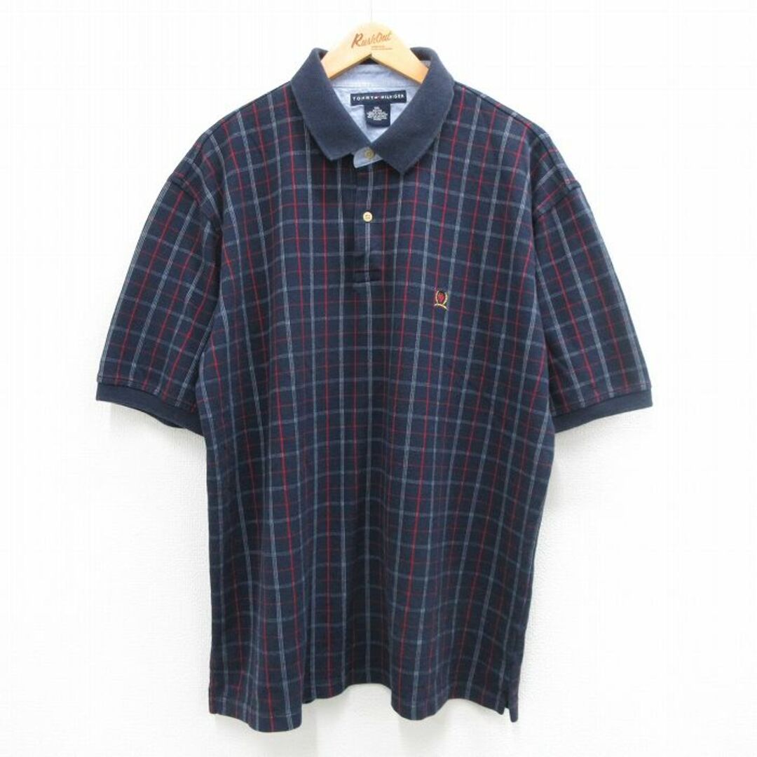 TOMMY HILFIGER(トミーヒルフィガー)のXL★古着 トミーヒルフィガー TOMMY HILFIGER 半袖 ブランド ポロ シャツ メンズ ワンポイントロゴ 鹿の子 大きいサイズ コットン 紺他 ネイビー チェック 24may14 中古 トップス メンズのトップス(ポロシャツ)の商品写真