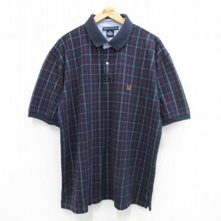 トミーヒルフィガー(TOMMY HILFIGER)のXL★古着 トミーヒルフィガー TOMMY HILFIGER 半袖 ブランド ポロ シャツ メンズ ワンポイントロゴ 鹿の子 大きいサイズ コットン 紺他 ネイビー チェック 24may14 中古 トップス(ポロシャツ)