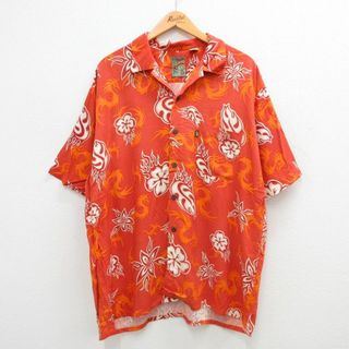 XL★古着 半袖 ハワイアン シャツ メンズ 90年代 90s ドラゴン 龍 花 大きいサイズ レーヨン 開襟 オープンカラー オレンジ他 【spe】 24may14 中古 アロハ トップス(シャツ)