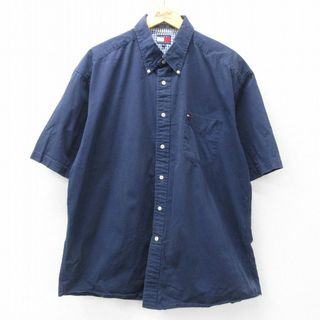 トミーヒルフィガー(TOMMY HILFIGER)のXL★古着 トミーヒルフィガー TOMMY HILFIGER 半袖 ブランド シャツ メンズ 90年代 90s ワンポイントロゴ 大きいサイズ ロング丈 コットン ボタンダウン 紺 ネイビー 24may14 中古 トップス(シャツ)