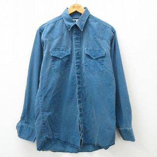 L★古着 ラングラー Wrangler 長袖 ウエスタン シャツ メンズ 90年代 90s コットン USA製 紺 ネイビー デニム 24may14 中古 トップス