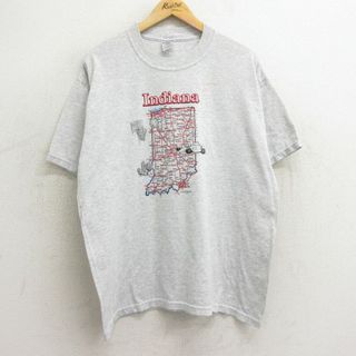 XL★古着 ジャージーズ 半袖 ビンテージ Tシャツ メンズ 00年代 00s レーシングカー 地図 インディアナ クルーネック 薄グレー 霜降り 24may14 中古(Tシャツ/カットソー(半袖/袖なし))