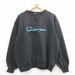 チャンピオン(Champion)のXL★古着 チャンピオン Champion 長袖 スウェット メンズ 90年代 90s ビッグロゴ 刺繍 大きいサイズ クルーネック USA製 黒 ブラック 24may14 中古 スエット トレーナー トップス(パーカー)