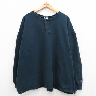 チャンピオン(Champion)のXL★古着 チャンピオン Champion 長袖 トップス スウェット メンズ 90年代 90s 大きいサイズ ヘンリーネック USA製 紺 ネイビー 24may14 中古 スエット トレーナー(パーカー)