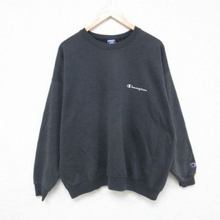 チャンピオン(Champion)のXL★古着 チャンピオン Champion 長袖 スウェット メンズ 90年代 90s ワンポイントロゴ 大きいサイズ クルーネック 黒 ブラック 24may14 中古 スエット トレーナー トップス(パーカー)