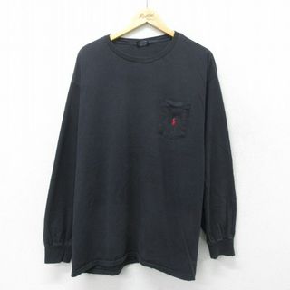 ラルフローレン(Ralph Lauren)のXL★古着 ラルフローレン Ralph Lauren 長袖 ブランド ビンテージ Tシャツ メンズ 90年代 90s ワンポイントロゴ 胸ポケット付き 大きいサイズ コットン クルーネック USA製 黒 ブラック 【spe】 24may14 中古(Tシャツ/カットソー(半袖/袖なし))