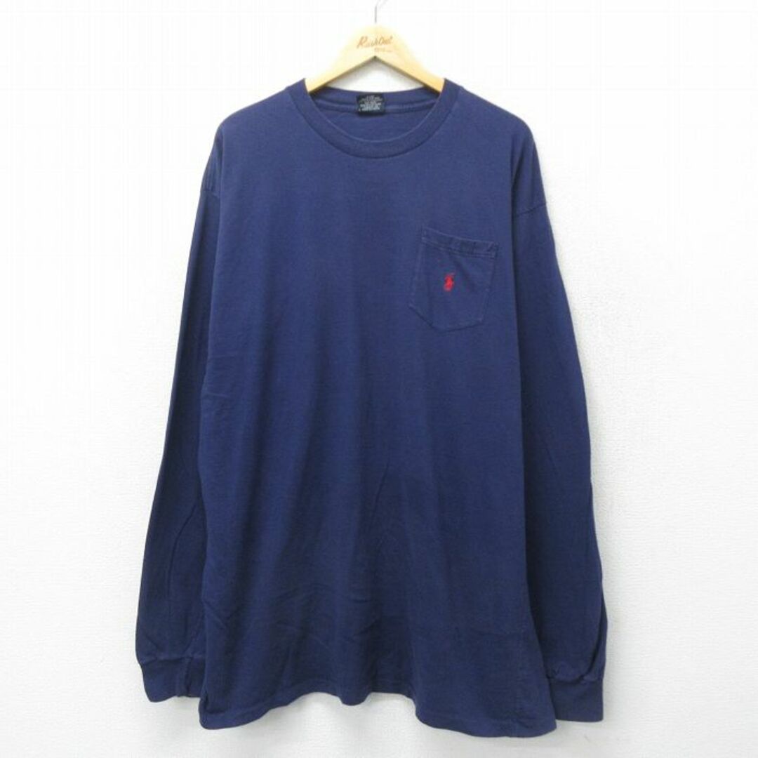 Ralph Lauren(ラルフローレン)のXL★古着 ラルフローレン Ralph Lauren 長袖 ブランド Tシャツ メンズ 90年代 90s ワンポイントロゴ 胸ポケット付き コットン クルーネック 紺 ネイビー 24may14 中古 メンズのトップス(Tシャツ/カットソー(半袖/袖なし))の商品写真