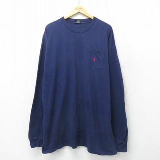 ラルフローレン(Ralph Lauren)のXL★古着 ラルフローレン Ralph Lauren 長袖 ブランド Tシャツ メンズ 90年代 90s ワンポイントロゴ 胸ポケット付き コットン クルーネック 紺 ネイビー 24may14 中古(Tシャツ/カットソー(半袖/袖なし))