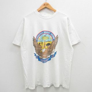 ヘインズ(Hanes)のXL★古着 ヘインズ Hanes 半袖 ビンテージ Tシャツ メンズ 90年代 90s 湾岸戦争 ワシ コットン クルーネック USA製 白 ホワイト 24may14 中古(Tシャツ/カットソー(半袖/袖なし))