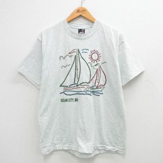 フルーツオブザルーム(FRUIT OF THE LOOM)のL★古着 フルーツオブザルーム 半袖 ビンテージ Tシャツ メンズ 90年代 90s オーシャンシティ ヨット クルーネック USA製 薄グレー 霜降り 24may14 中古(Tシャツ/カットソー(半袖/袖なし))